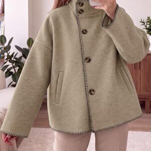 Tankaneo Womens Cropped Pea Coats Oversized Stand Collar Winter Wool Coat