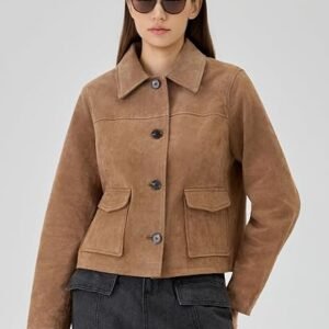 Escalier Women's Suede Leather Jacket Button Front Classic Cropped Coat