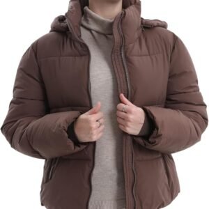 PUFFIT Short Puffer Jacket for Women, Warm Winter Jacket with Removable Hood, Zipper Pockets, Short Quilted Coat for Women