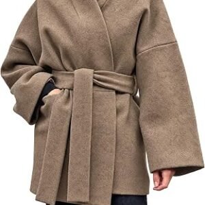 Tankaneo Womens Winter Wool Coat Mid Long Wrap Pea Coat With Belt