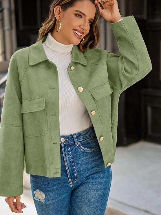 Cicy Bell Womens Faux Suede Leather Jackets Cropped Button Down Shackets