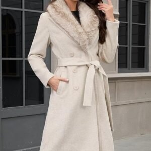PAPILLON D'OR WEAR YOUR WINGS Women's Long Wool Coat - Double-Breasted Belted Trench with Detachable Faux Fur Collar